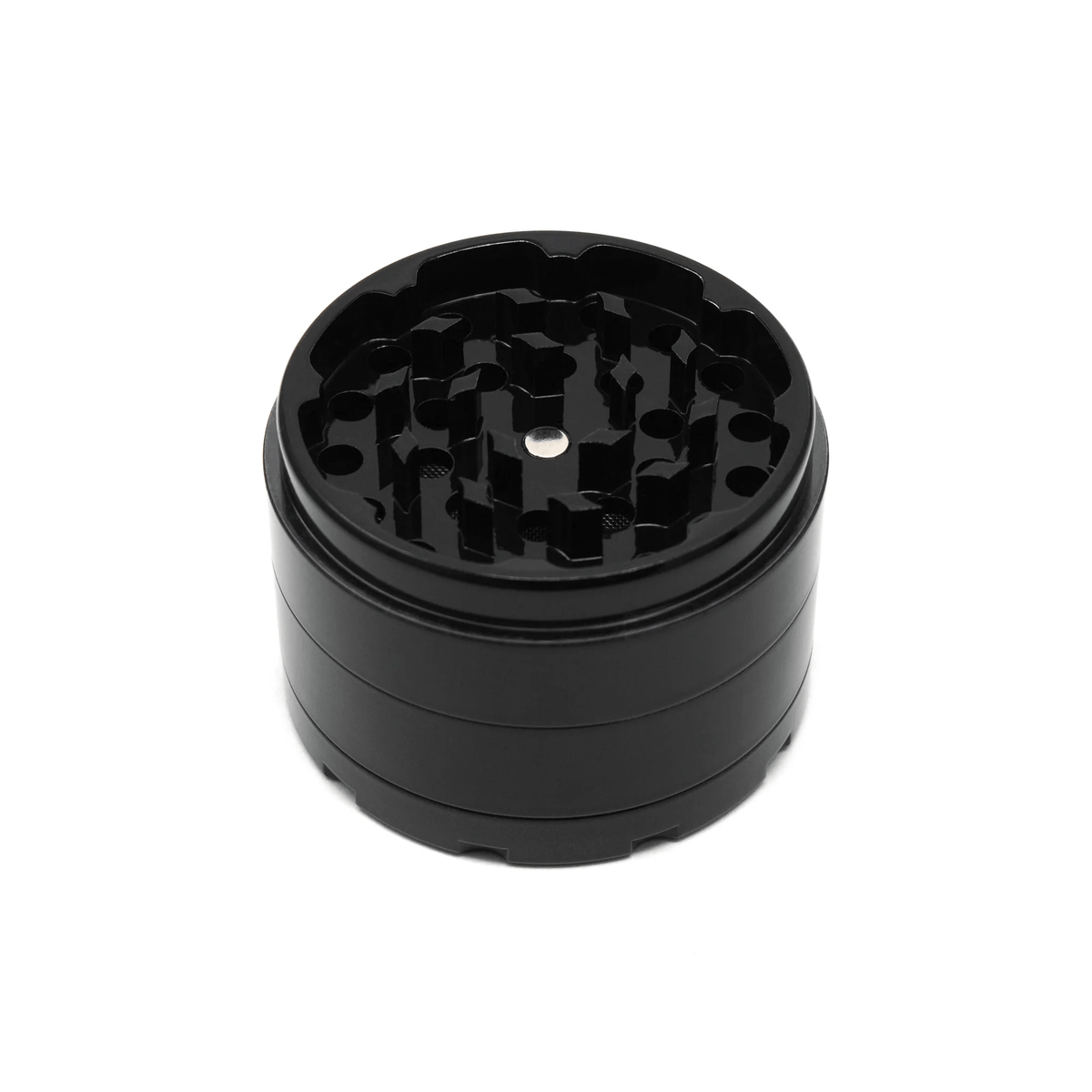 Black 2.5-inch Cali Crusher 4-piece metal grinder with Slick 420 Products branding, featuring sharp teeth and a magnetic lid.