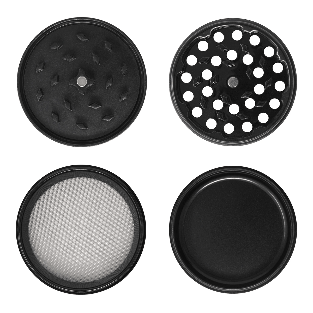 Black Cali Crusher 2.5-inch 4-piece metal grinder with Slick 420 Products branding, featuring sharp teeth and a compact design.