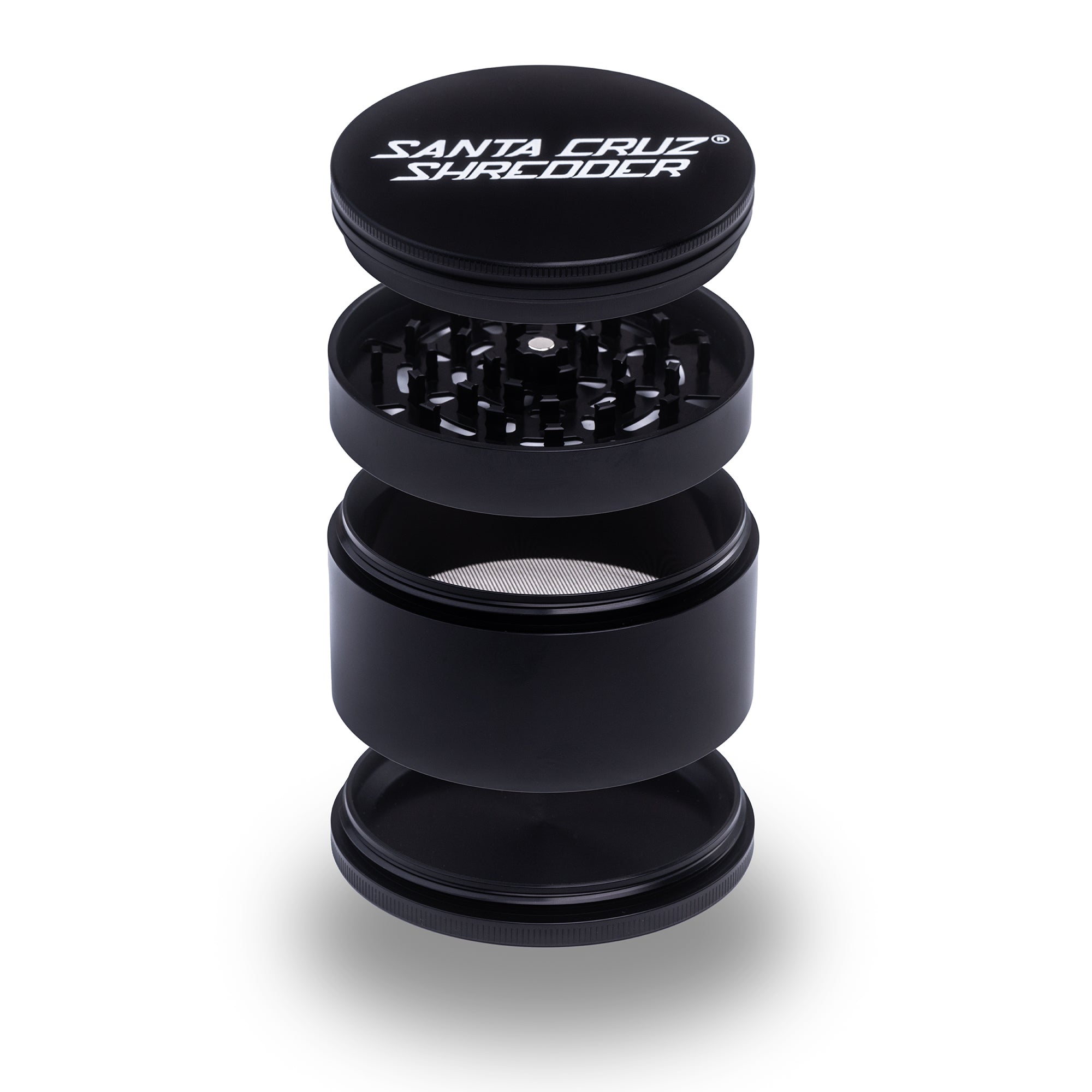 Black 4-piece Jumbo SCS metal grinder by Santa Cruz Shredder, featuring durable construction and multiple grinding chambers.