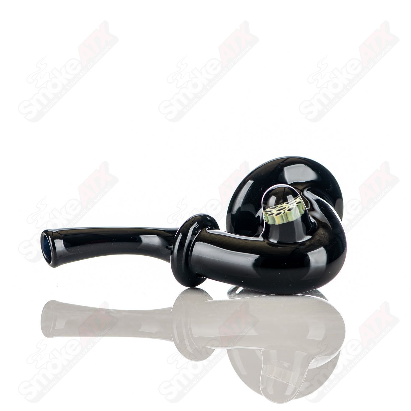Black Hashlock Sherlocks glass pipe with Milli accent details by JMass, featuring a sleek black design and intricate glasswork.
