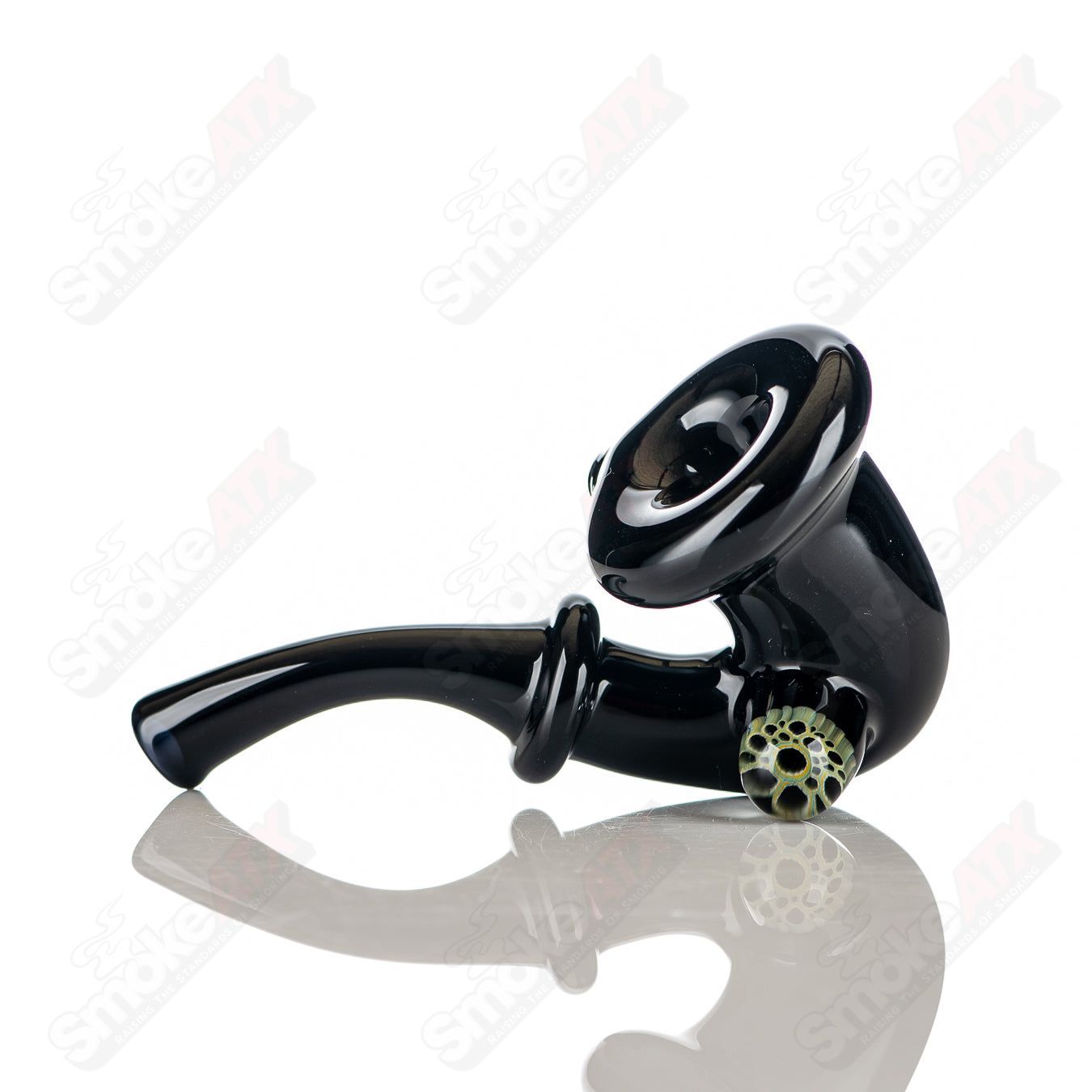 Black Hashlock Sherlock pipe with milli accent detail by JMass, heady glass smoking device with intricate design.