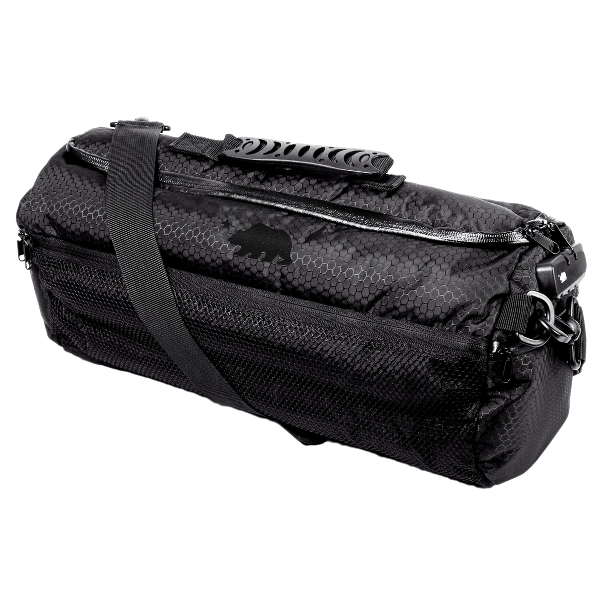 Black 16-inch Cali Crusher duffle bag with black accents, designed for lifestyle travel and gym use.