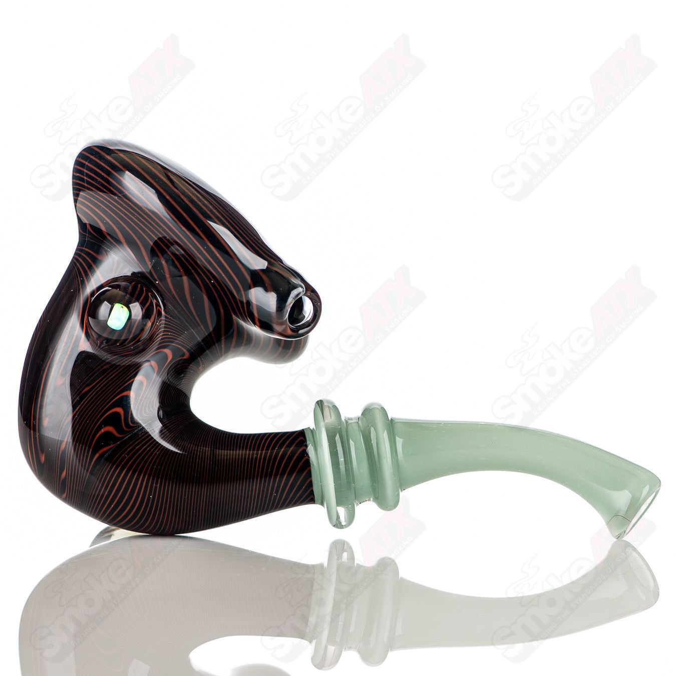 Black and orange Wig Wag Sherlock heady glass pipe with opal accent by JMass, featuring intricate glasswork and vibrant colors.