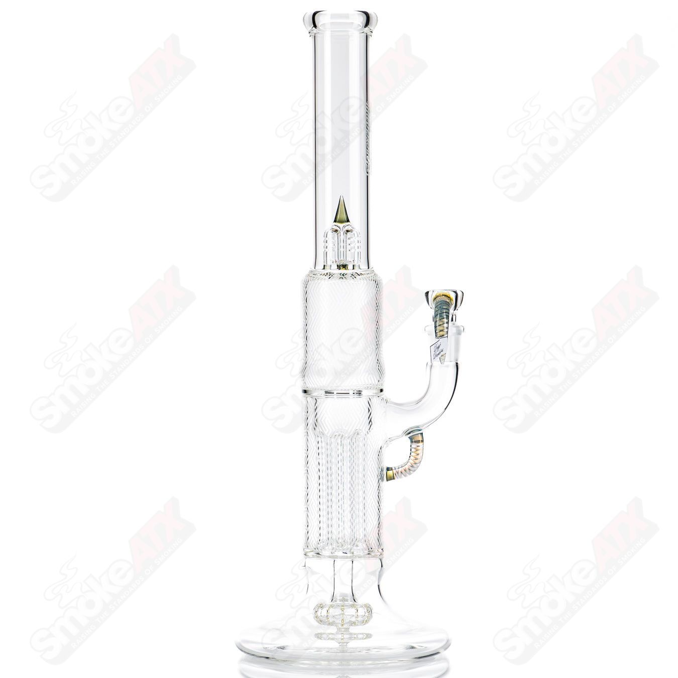 Heady glass pipe with straight neck, featuring vibrant peyote pattern and hollow foot design by Sovereignty Glass.