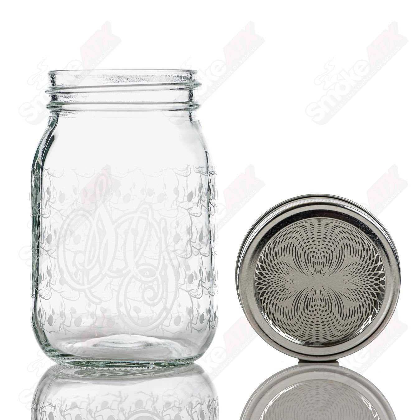 Bloodshed skull pattern mason jar by Sovereignty Glass, featuring a detailed skull design, perfect for storage or decorative use.