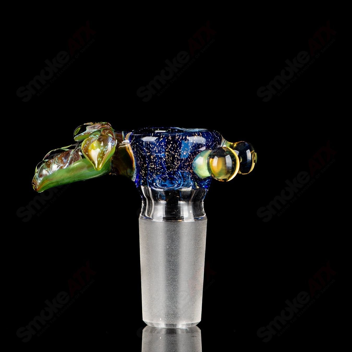 Blue 14mm 3-hole slide bowl by Mr. Gray, Heady Glass product with intricate design and durable glass construction.
