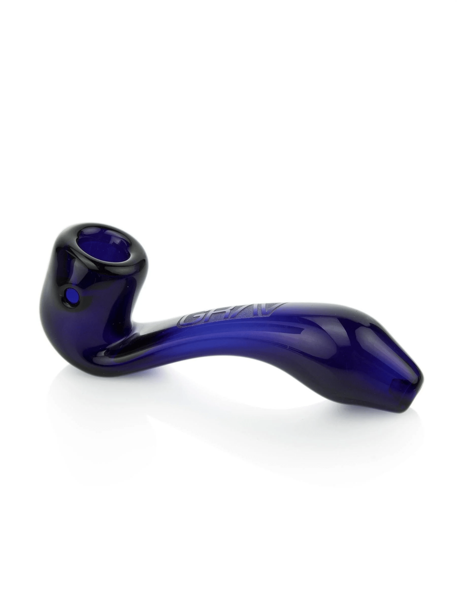 Blue 4-inch Grav Sherlock glass pipe with a classic curved design and clear details, ideal for dry herb smoking.