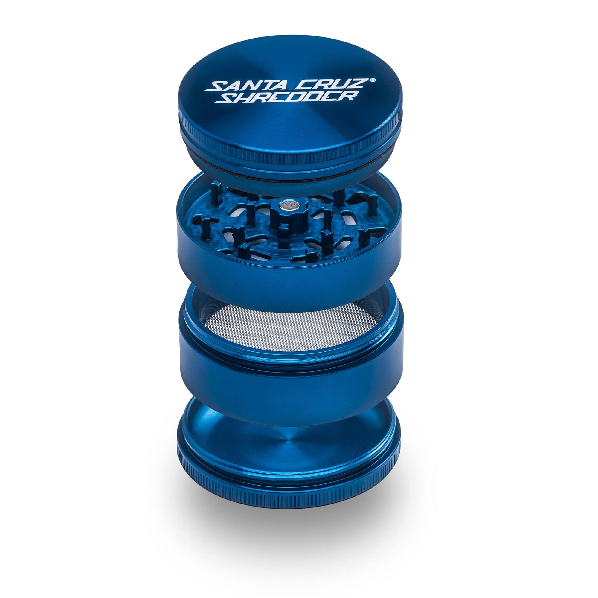 Blue Santa Cruz Shredder 4-piece large metal grinder with four chambers for grinding and storage, designed for cannabis use.
