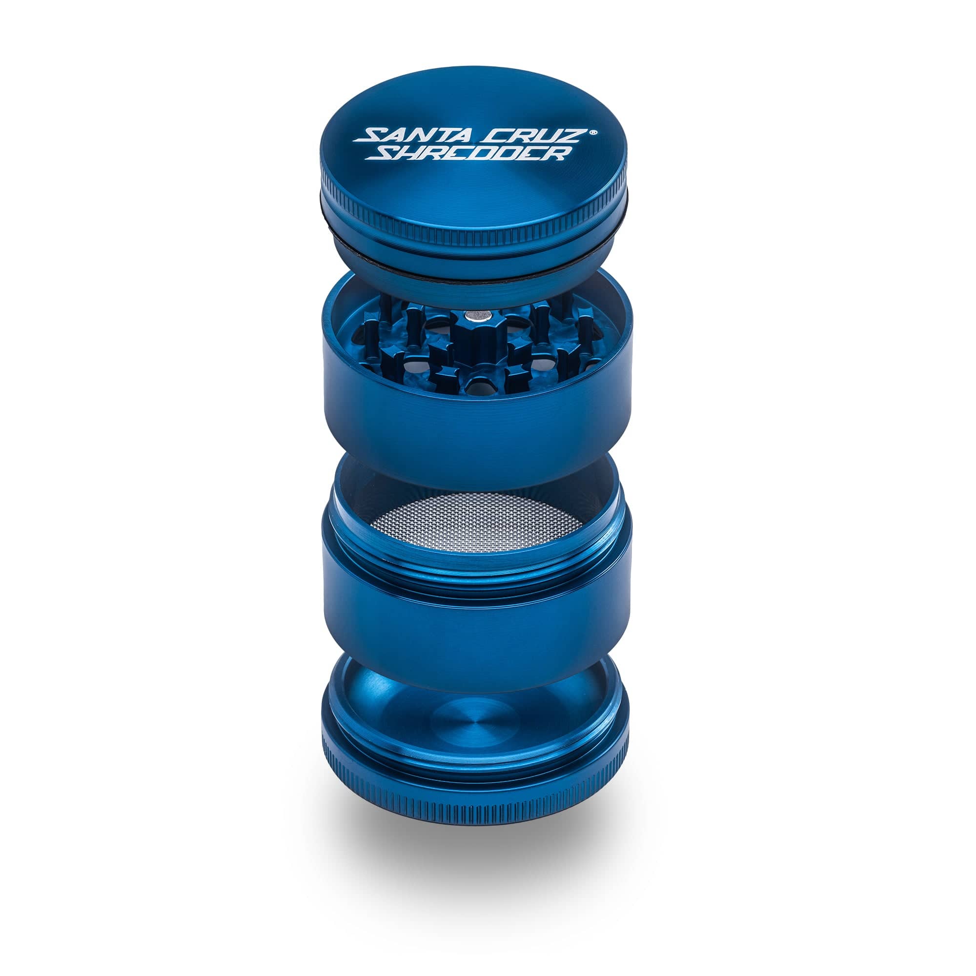 Blue 4-piece medium metal grinder by Santa Cruz Shredder with sharp teeth and ergonomic design for grinding herbs.