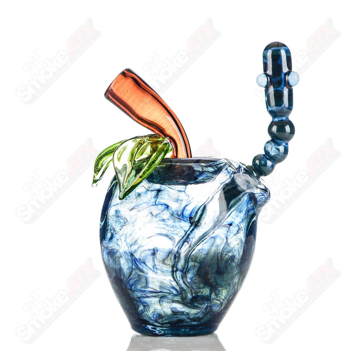 Blue apple-shaped concentrate rig with worm dabber and pouch, made by Pouch Glass, featuring vibrant glass artwork and a matching pouch.