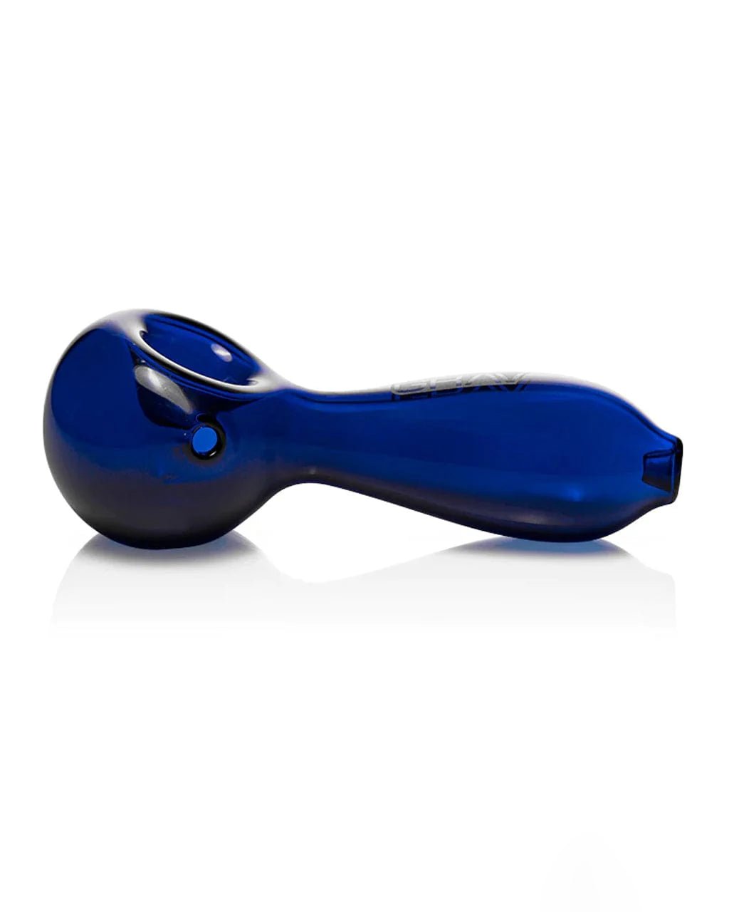Blue large spoon pipe by Grav, made of glass, featuring a deep bowl and smooth design for smoking accessories.