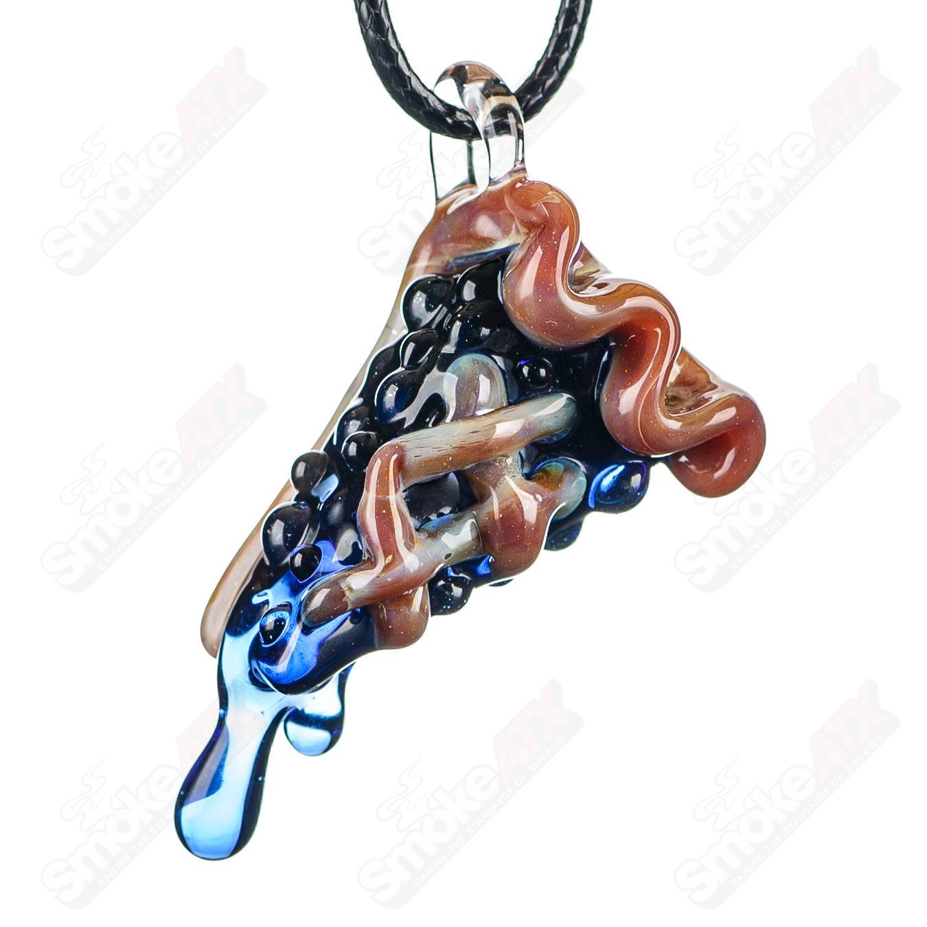Blueberry Pie Pendy Renee Patula heady glass pendant featuring a detailed blueberry pie design with vibrant blue and gold accents.