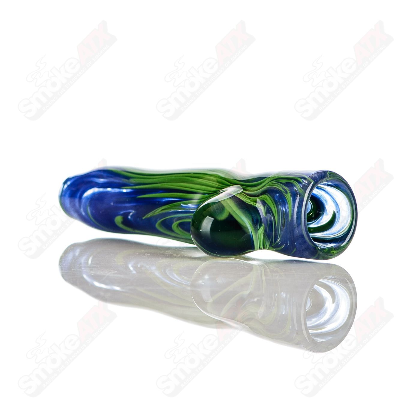 Blue and green worked glass chillum with clear dot signature by JMK Glass, showcasing intricate color patterns and craftsmanship.
