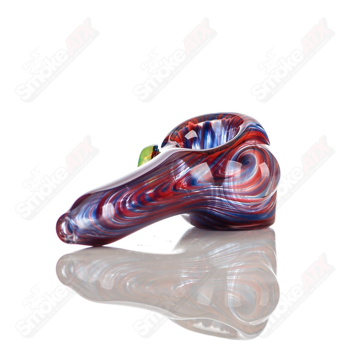 Blue and red worked glass spoon pipe with slyme accent and carb, signed by JMK Glass, handcrafted hand pipe for smoking.