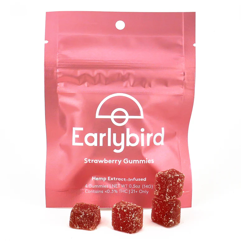 Early Bird Strawberry Gummies 4-pack, hemp edibles with vibrant red gummies and fresh strawberry flavor.