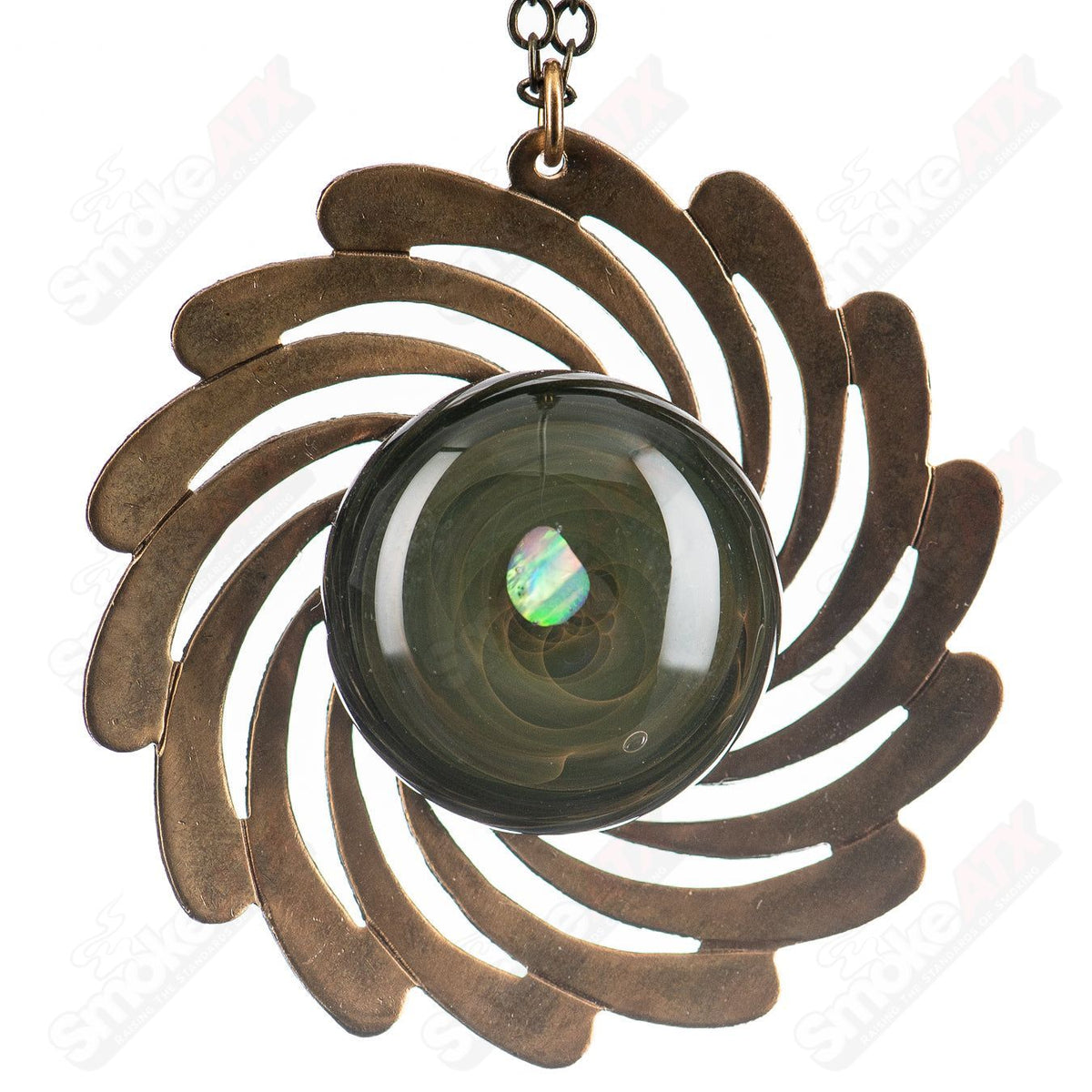 Brass disk pendant on a chain, Pake glass pendant jewelry featuring a sleek, round brass disk design.