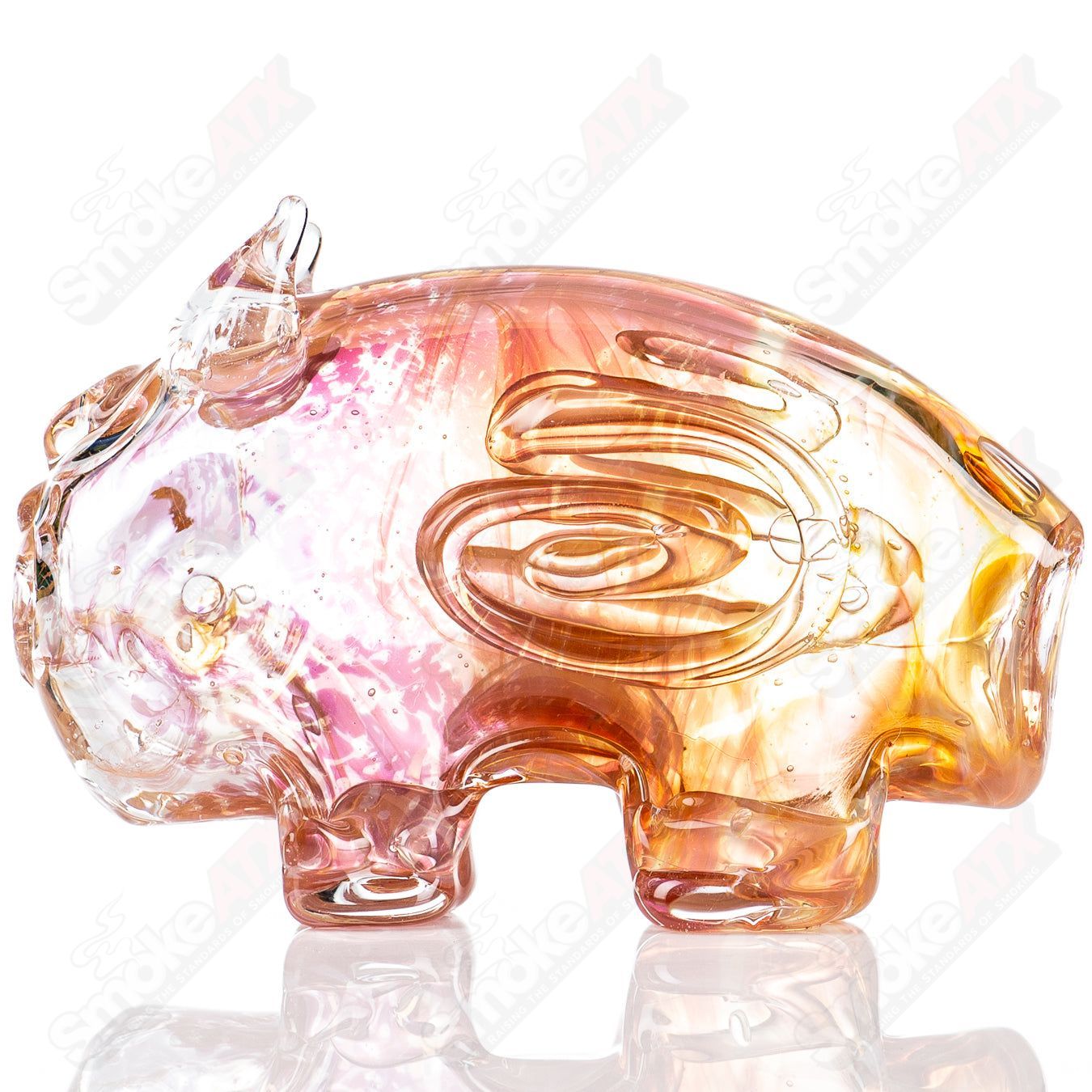 Glass pipe featuring a Buffalo Totem design in slag blood colors, by Nobody, showcasing intricate glass craftsmanship.
