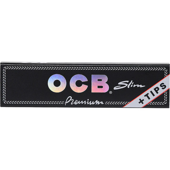 OCB Slim Premium +Tips rolling papers for smooth smoking, featuring a sleek black and white design, by OCB.