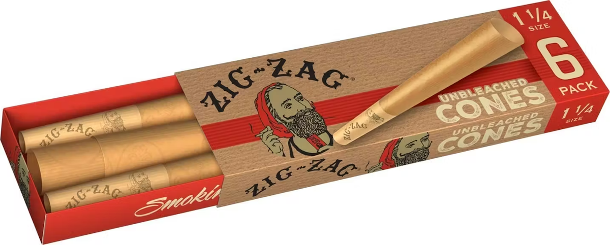 Two Zig Zag 1 1/4 unbleached cones for rolling, made of natural unbleached paper, ideal for rolling cigarettes or herbal blends.