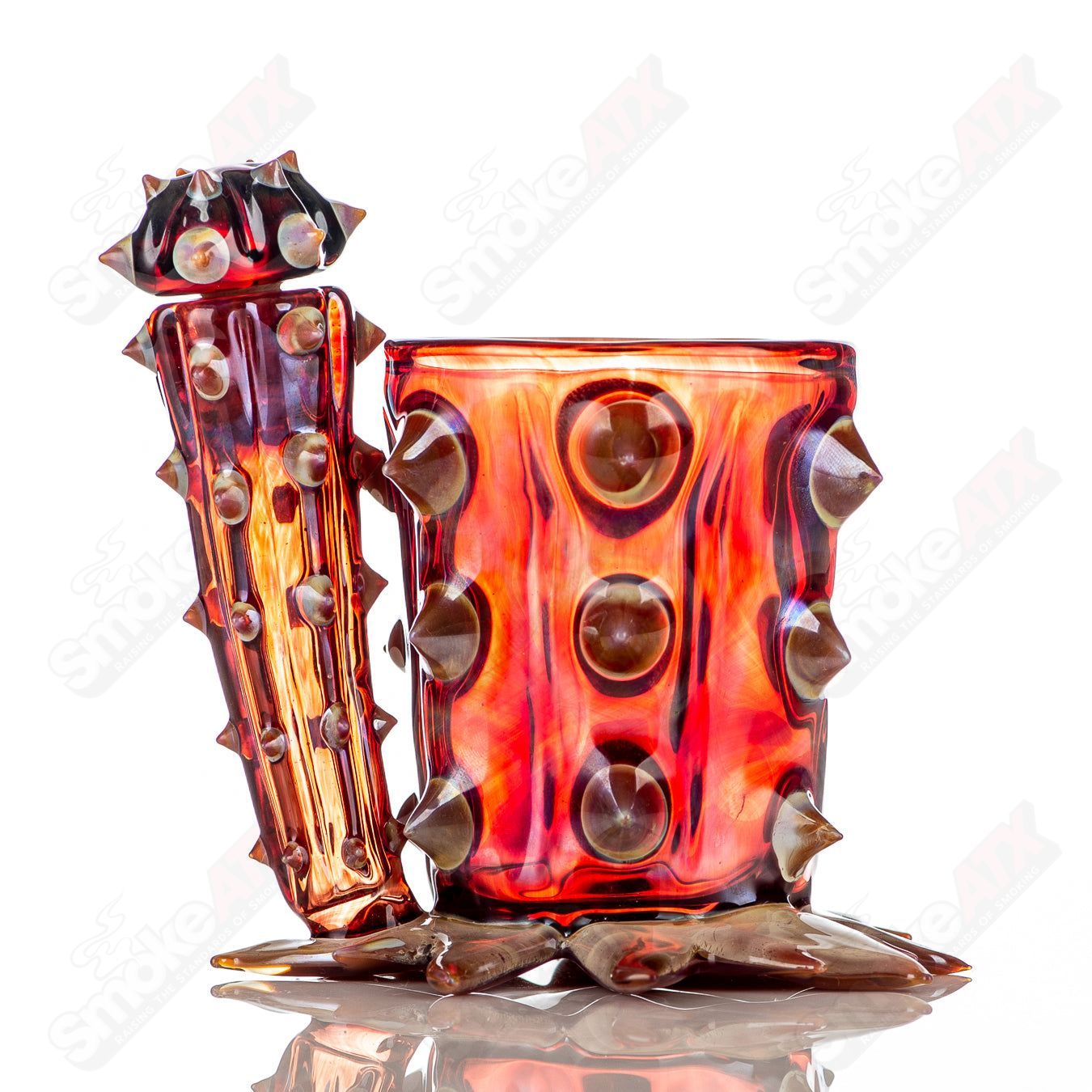 Red cactus-shaped glass Iso/Qtip jar by Unparalleled Glass, featuring clear heady glass design with detailed cactus imagery.