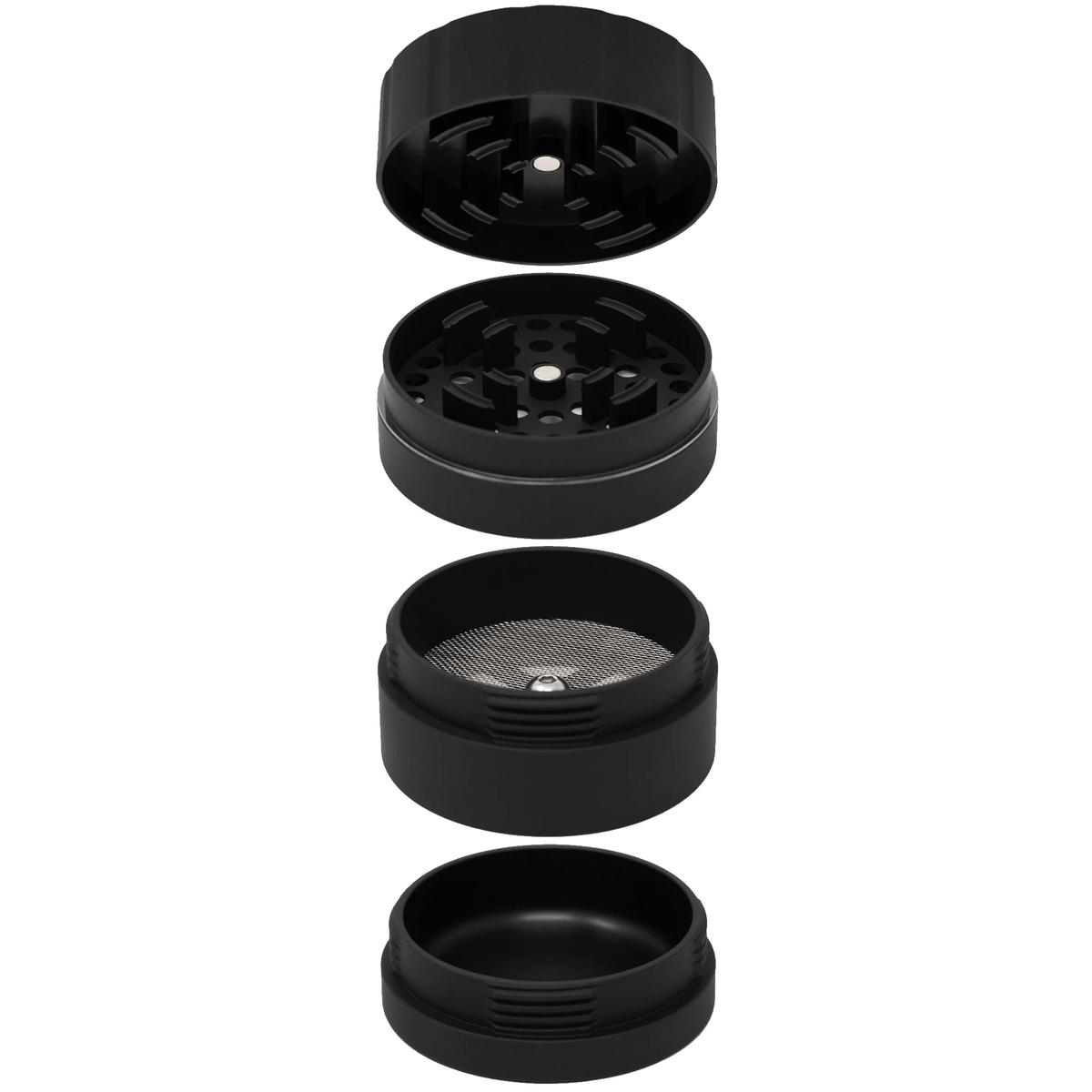 Black Cali Crusher 4-piece Homegrown metal grinder with textured grip for easy use and efficient grinding of herbs.