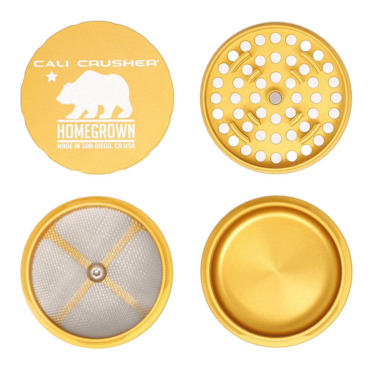 Cali Crusher 4-piece Homegrown Gold metal grinder with multiple compartments for grinding and storage of herbs.