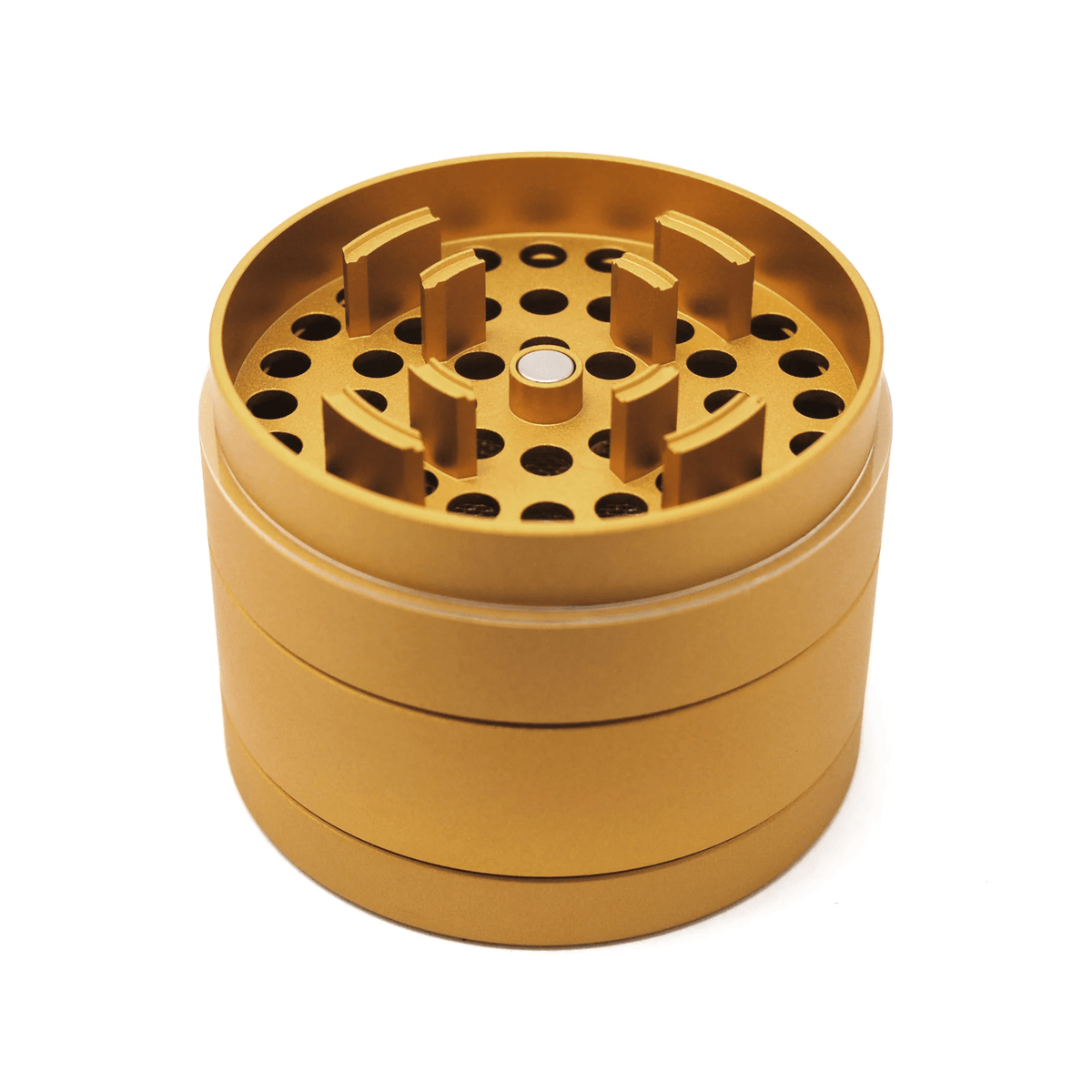 Cali Crusher 4-piece Homegrown Gold metal grinder for 420 products with a sleek gold finish and multiple grinding chambers.