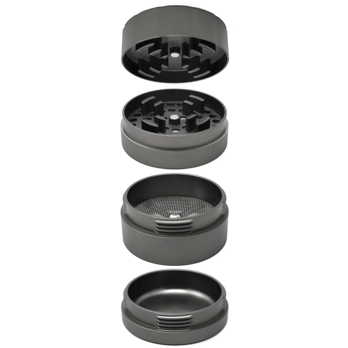 Cali Crusher 4-piece Homegrown Grey metal grinder for herbs and spices, with textured grip and multiple compartments.