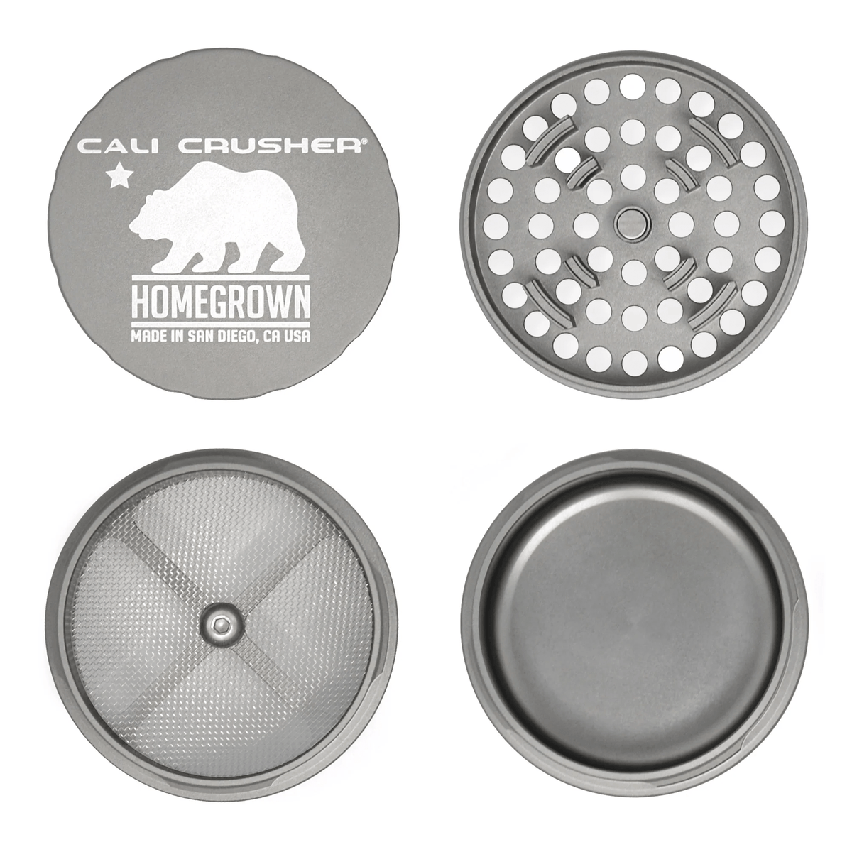 Cali Crusher 4-piece Homegrown Grey metal grinder with sharp teeth and storage compartment for herbs and spices.