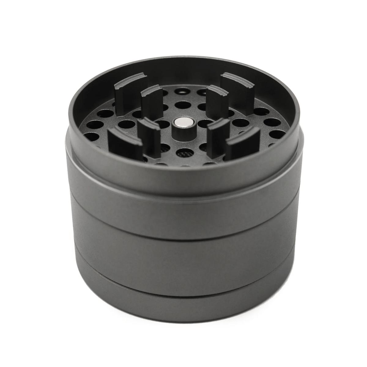 Cali Crusher 4-piece Homegrown Grey metal grinder with sharp teeth and magnetic lid for herb grinding and storage.