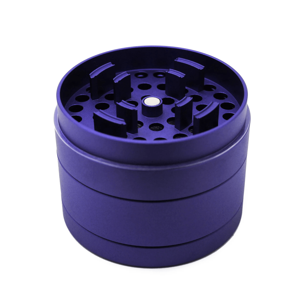Cali Crusher 4-piece Homegrown Purple metal grinder with textured grip and multiple compartments for grinding and storage.