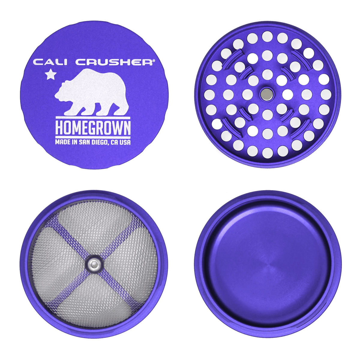 Cali Crusher 4-piece Homegrown Purple metal grinder for herbs and herbs, with multiple compartments and a durable design