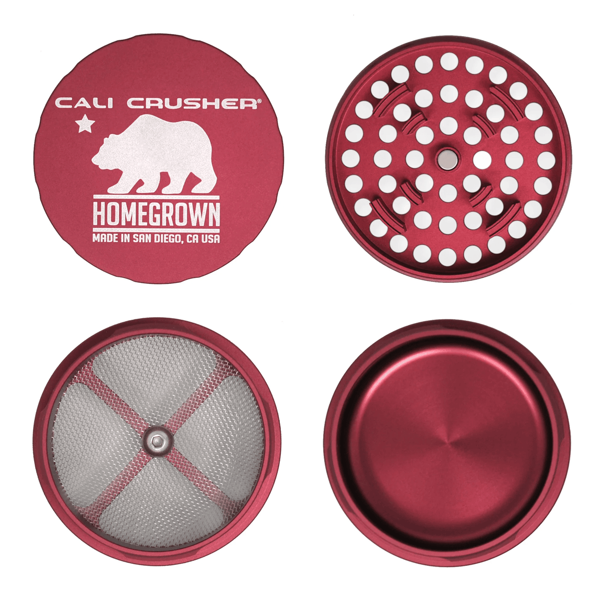 Cali Crusher 4-piece Homegrown Red metal grinder for herbs and spices with a durable design and multiple grinding chambers.