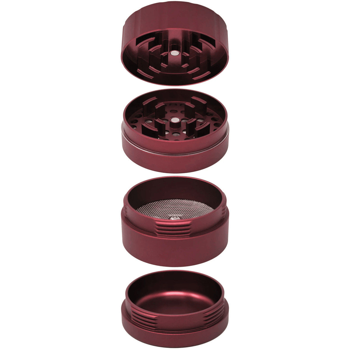 Cali Crusher 4-piece Homegrown Red metal grinder with sharp teeth and pollen catcher, designed for grinding herbs efficiently.