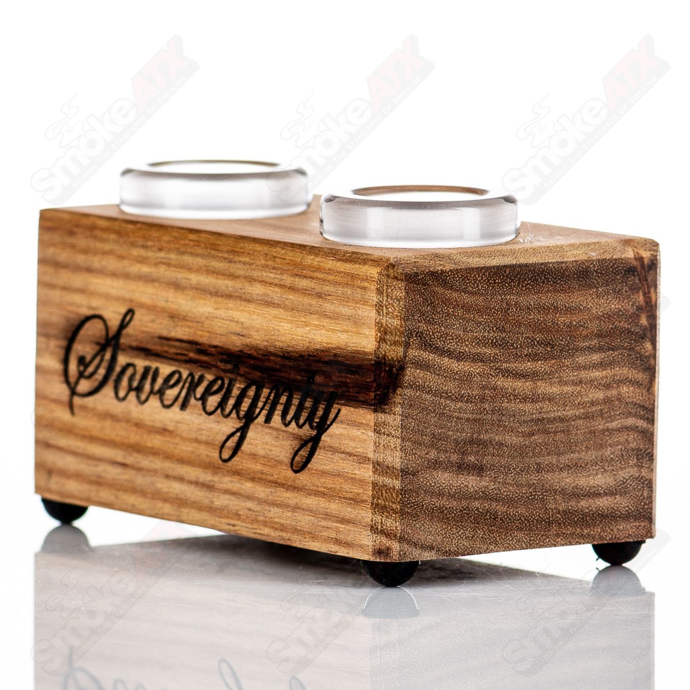 Canarywood 2-hole slide stand for glass accessories by Sovereignty Glass, showcasing craftsmanship and elegant wood design.