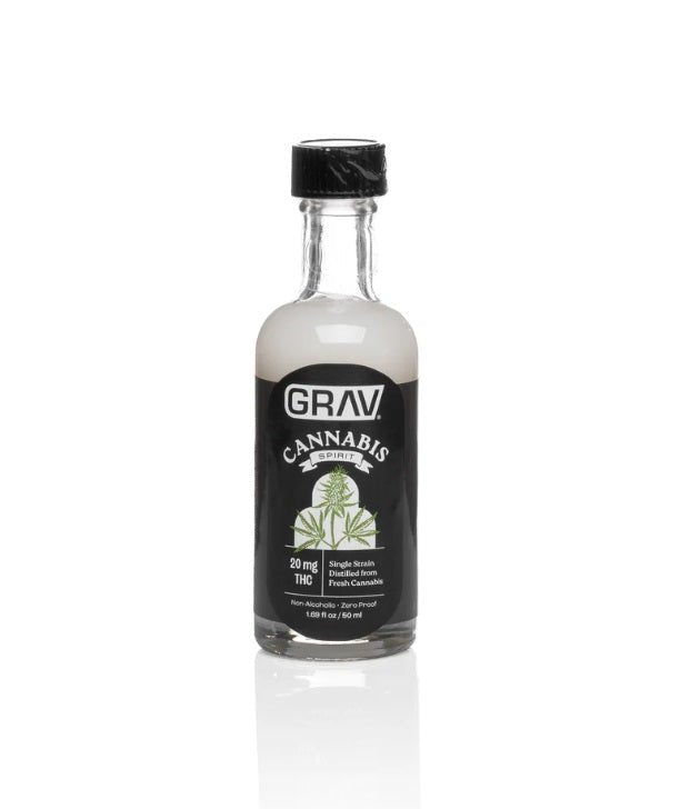 Bottle of GRAV Cannabis Spirit hemp THC drink, clear glass container with label, showcasing the cannabis-themed beverage.