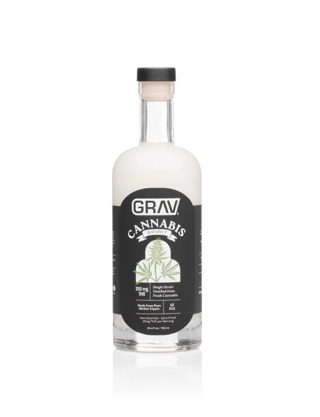 Grav Cannabis Spirit hemp drink with THC, featuring a clear bottle with label and cannabis-themed branding on a wooden surface.