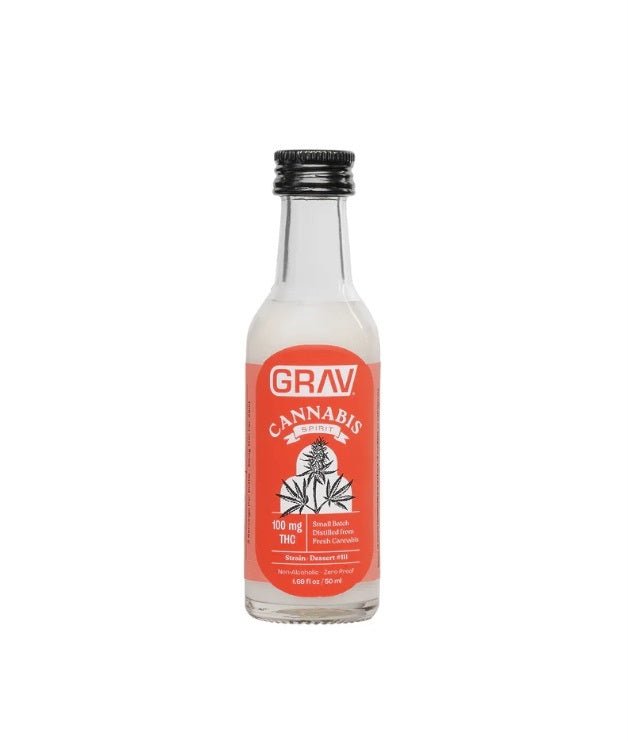 A bottle of GRAV Cannabis Spirit hemp THC drink with a modern label and clear branding, set against a neutral background.