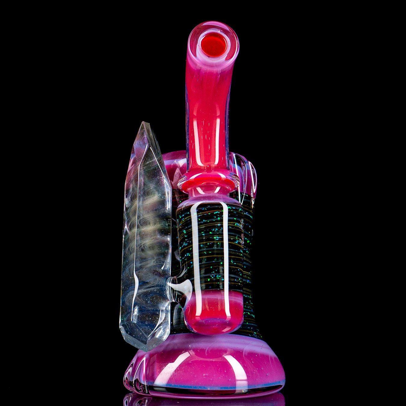 Carved crushed opal dry standup lock hand pipe by Rotational Science, featuring faceted design and intricate glass craftsmanship.
