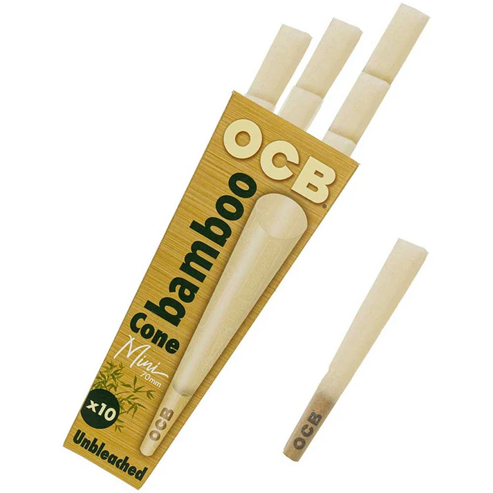 Set of 10 bamboo mini cones from OCB, perfect for rolling small cigarettes or joints, featuring eco-friendly bamboo construction.