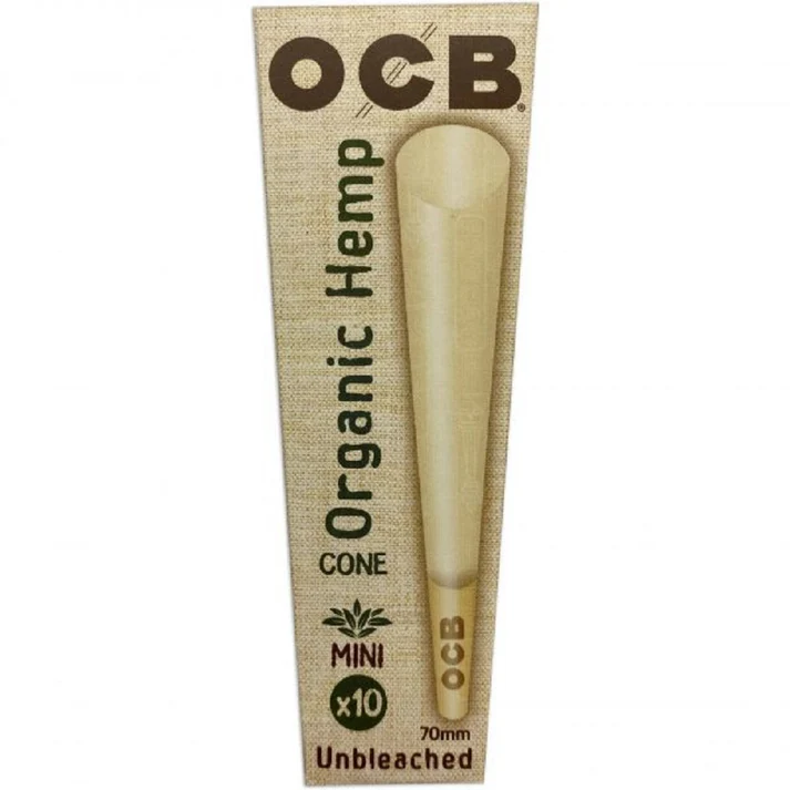 Ten organic mini hemp cones, 70mm size, by OCB, displayed in a 10-pack for rolling herbs or tobacco.