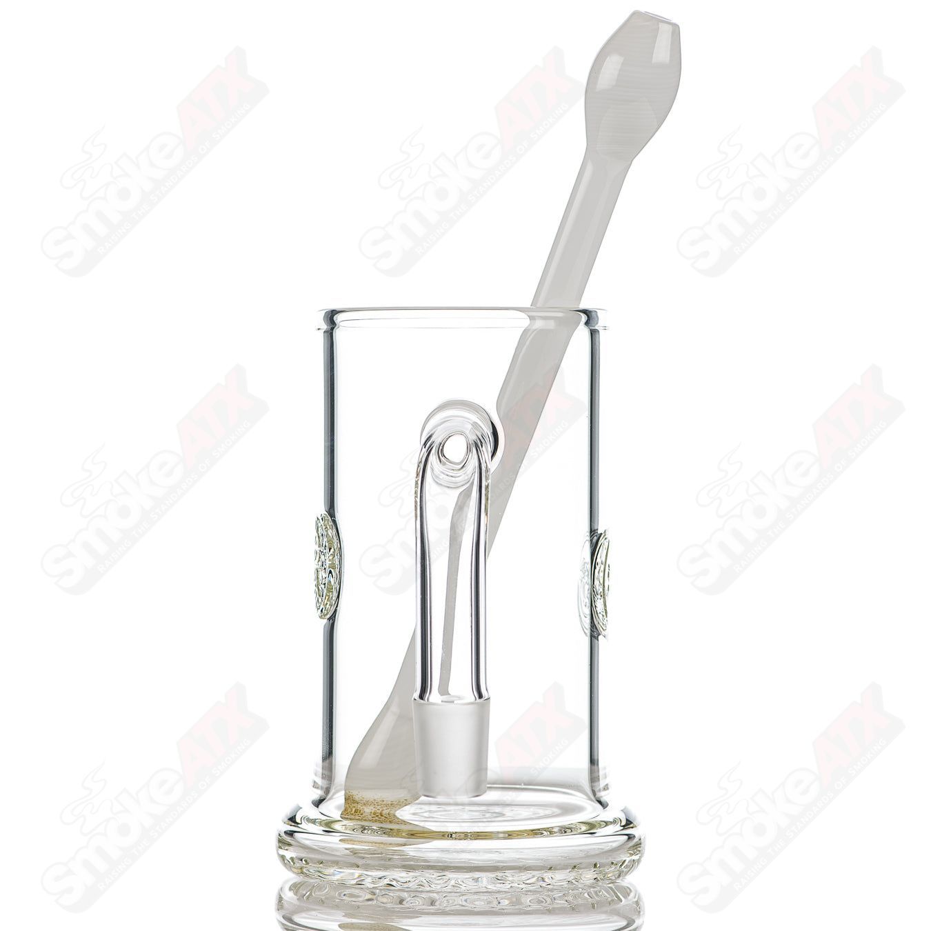 Clear Bangin Mug by Surf Rat Glass with Q-Tip straw, featuring a heady glass cup with vibrant surf rat design.