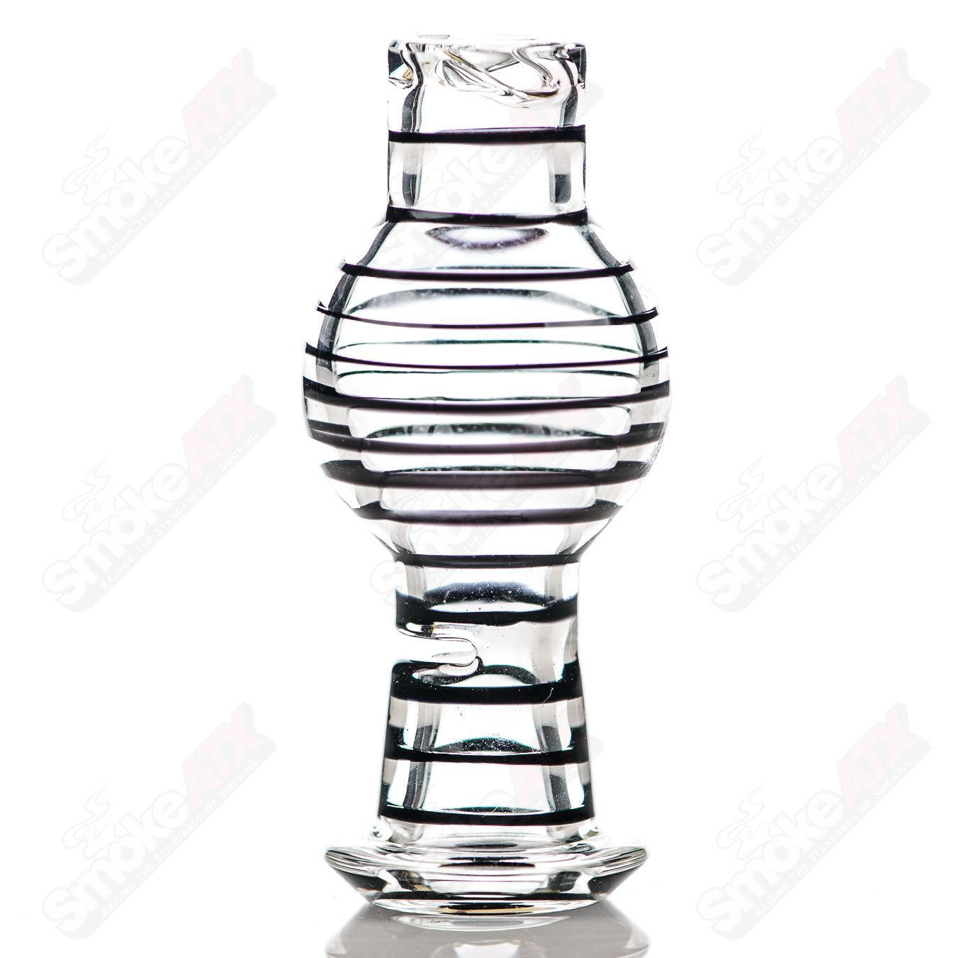 Clear and black striped V2 spinner cap glass carb cap by Glass Carpenter, designed for use with glass smoking accessories.