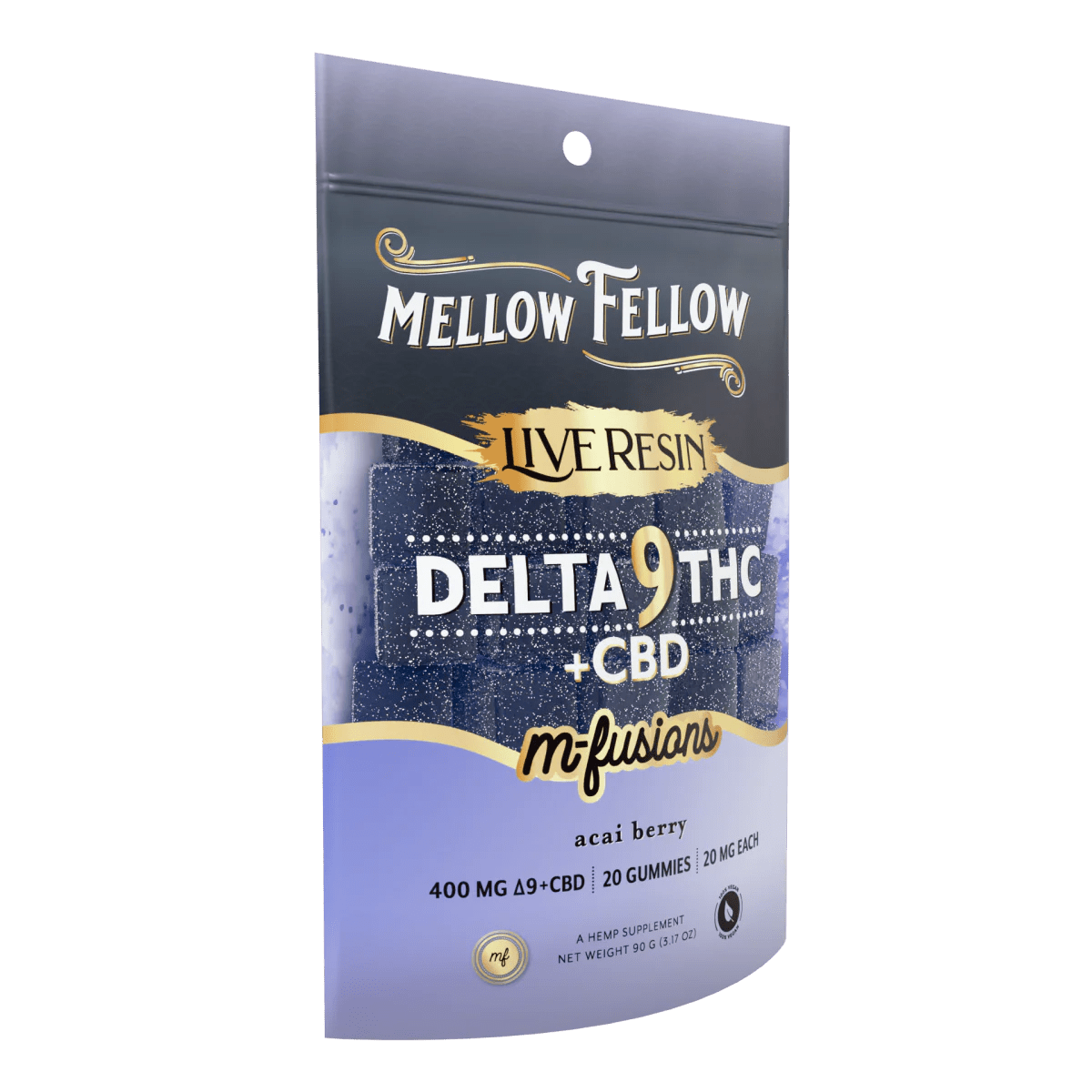 Mellow Fellow Acai Berry CBD edibles, 400mg hemp gummies in 20 count package, with colorful acai berry flavor appearance.