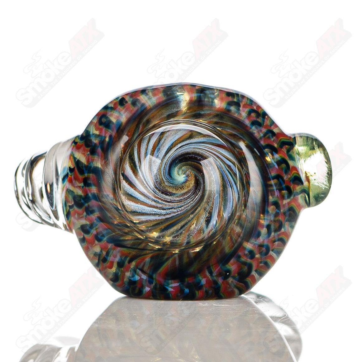 Color ribbon coil-wrap spoon hand pipe with clear horn accents and spiral design, signed by JMK Glass.