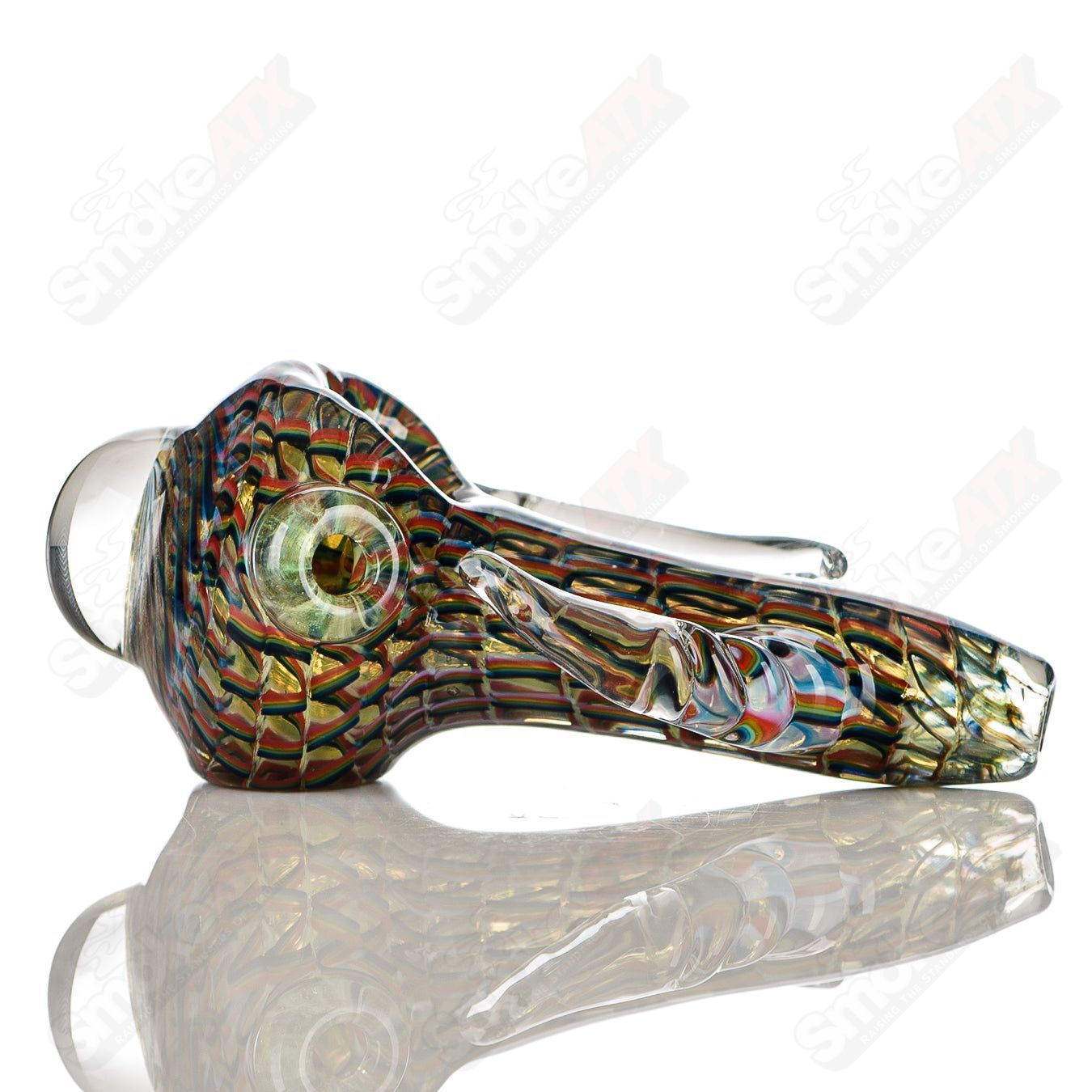 Color ribbon coil-wrap spoon pipe with clear horn accents and spiral design, signed by JMK Glass, handcrafted glass hand pipe.