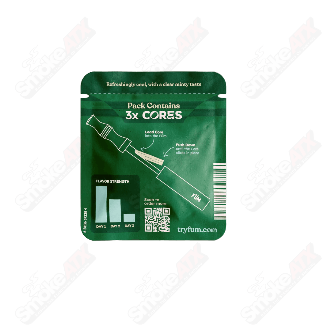 Fum Core E-Cig with Crisp Mint Flavor, showing the sleek device and mint-flavored vapor inside.