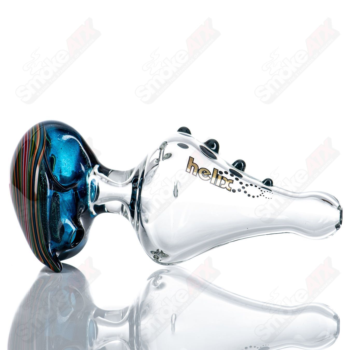 Custom medium multi-color glass Encalmo Helix pipe by BoxFan, featuring vibrant colors and intricate design details.
