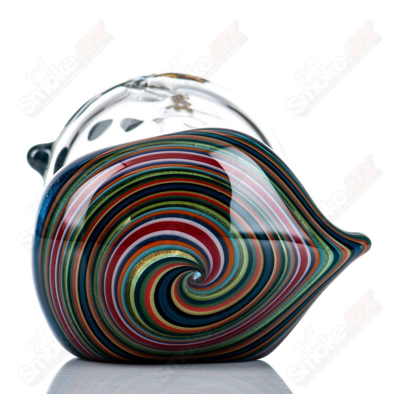 Colorful glass helix pipe with multi-color encalmo design by BoxFan, featuring a medium size and intricate glass craftsmanship.