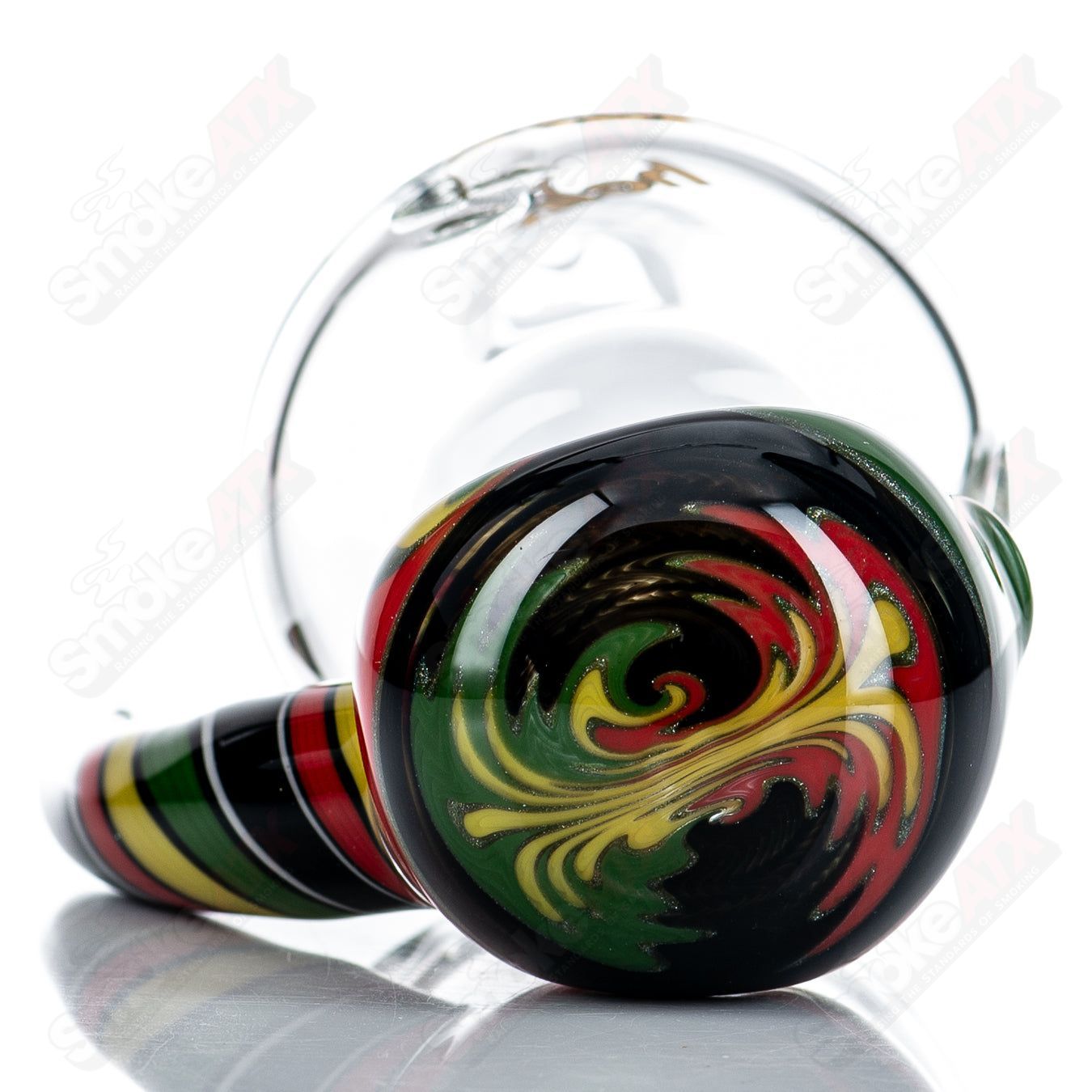 Custom Rasta Medium Helix Glass Spoon Pipe by Boxfan, featuring vibrant Rasta colors and intricate helix design.
